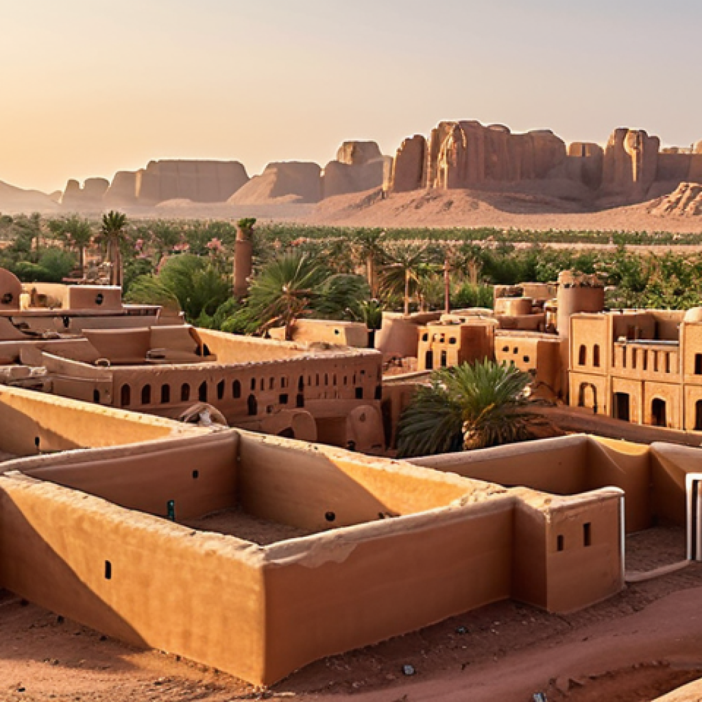 **

A panoramic view of the Al-Ula cityscape, showcasing a harmonious blend of traditional mud-brick architecture and modern, sustainable buildings with solar panels. Capture the golden hour light, highlighting the textures of the old city and the sleek lines of the new. In the background, date palm trees and the desert landscape extend towards the horizon, symbolizing heritage and progress.

**