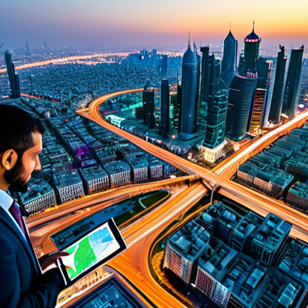 **

"A bustling Middle Eastern city skyline at sunset, viewed from a high vantage point. Below, digital GIS overlays show real-time traffic flow, population density, and green space distribution. Professional urban planners, fully clothed in modest business attire, are collaborating around a holographic table displaying the GIS data. Safe for work, appropriate content, family-friendly, professional, perfect anatomy, correct proportions, well-formed hands, natural pose, high quality, vibrant colors, modern technology integration."

**
