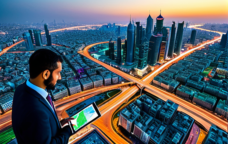 **

"A bustling Middle Eastern city skyline at sunset, viewed from a high vantage point. Below, digital GIS overlays show real-time traffic flow, population density, and green space distribution. Professional urban planners, fully clothed in modest business attire, are collaborating around a holographic table displaying the GIS data. Safe for work, appropriate content, family-friendly, professional, perfect anatomy, correct proportions, well-formed hands, natural pose, high quality, vibrant colors, modern technology integration."

**