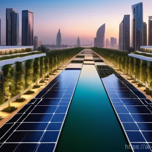 기후변화와 도시계획 - A vibrant, futuristic Arab city skyline at sunset, where traditional architectural elements like int...