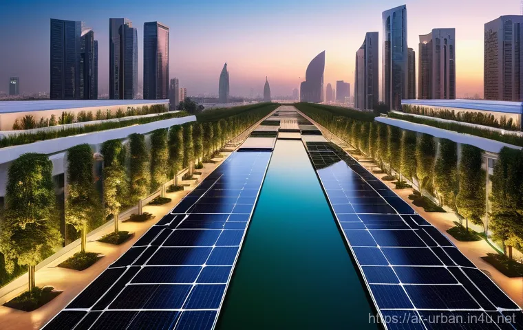 기후변화와 도시계획 - A vibrant, futuristic Arab city skyline at sunset, where traditional architectural elements like int...