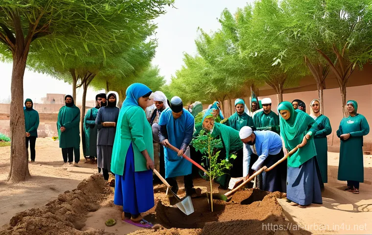 기후변화와 도시계획 - A vibrant, futuristic Arab city skyline at sunset, where traditional architectural elements like int...