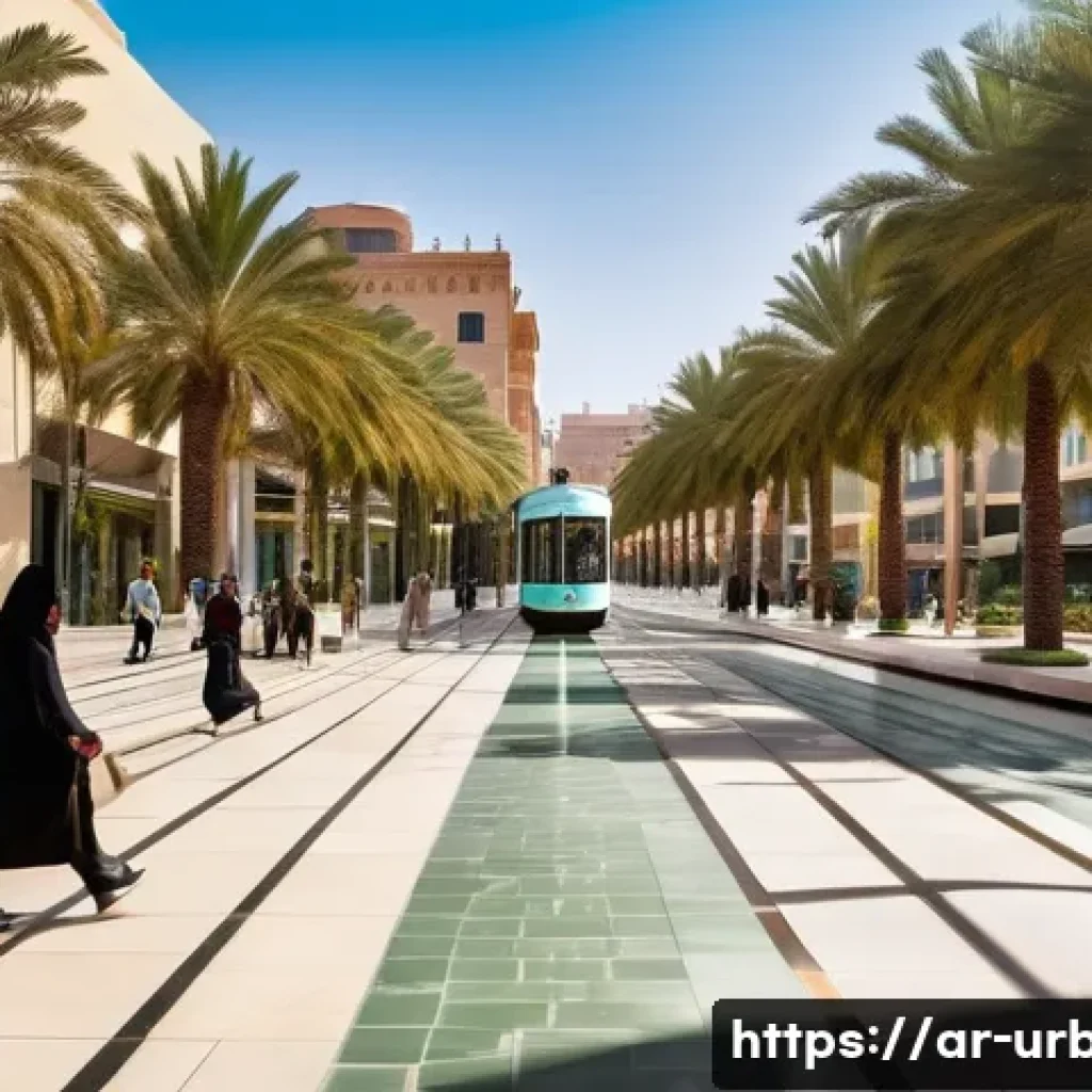 국토계획법 - A vibrant urban street scene in a modern Middle Eastern city, where traditional Arabic architecture ...