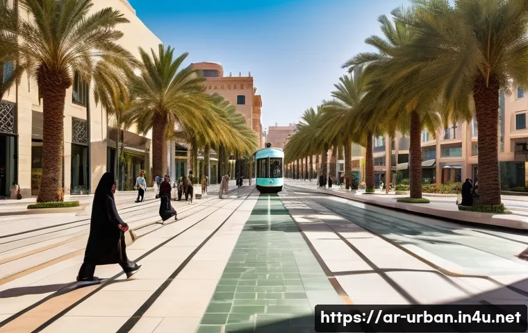 국토계획법 - A vibrant urban street scene in a modern Middle Eastern city, where traditional Arabic architecture ...