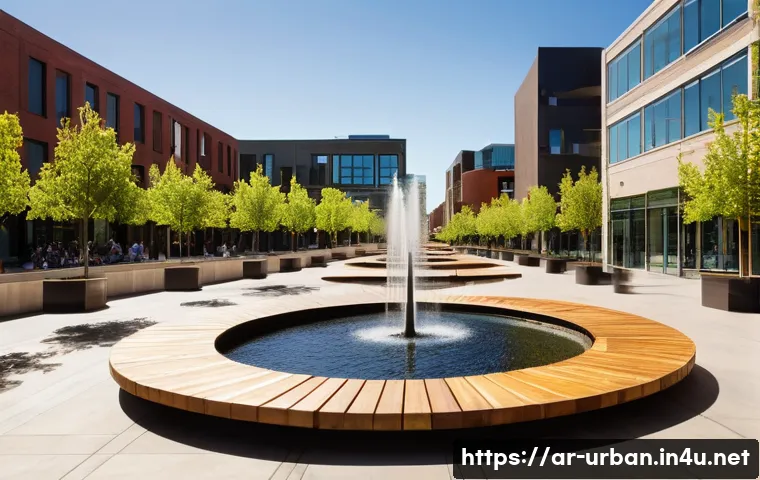 공공공간 조성 전략 - **Prompt:** A bustling, vibrant public square during a warm afternoon in a modern city. Families and...