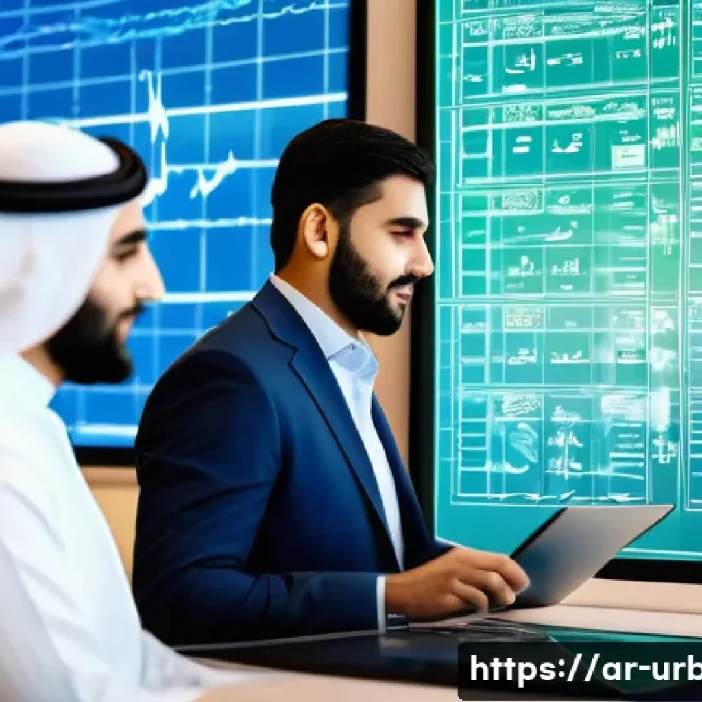 지속가능한 도시재정 - A modern Middle Eastern city financial planning office scene, featuring Arabic-speaking professional...