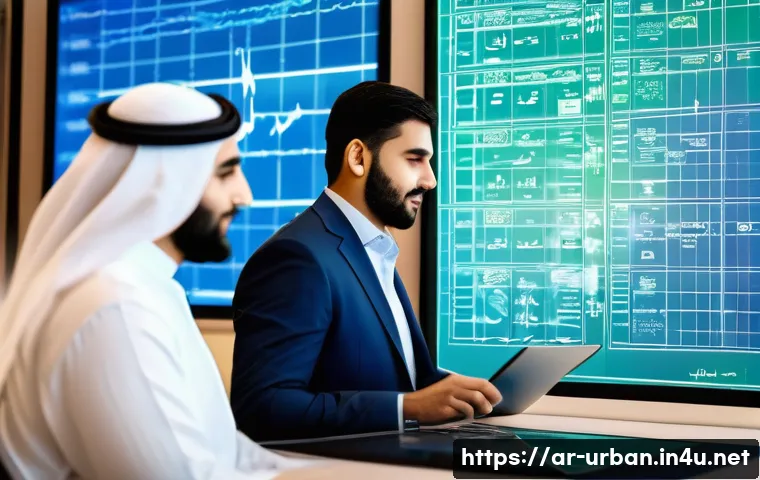 지속가능한 도시재정 - A modern Middle Eastern city financial planning office scene, featuring Arabic-speaking professional...