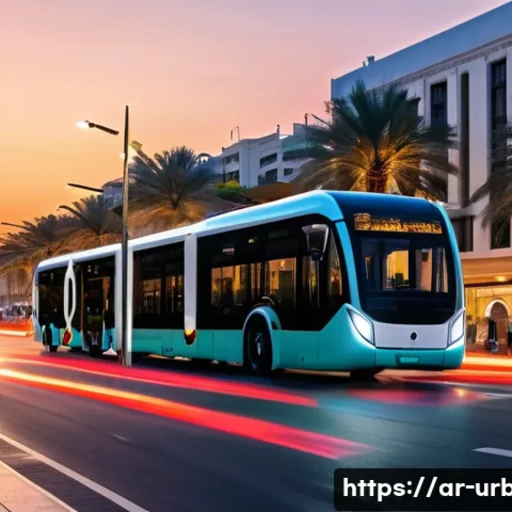 스마트시티 기술 - A vibrant smart city scene at dusk in an Arab metropolitan area featuring electric autonomous buses ...