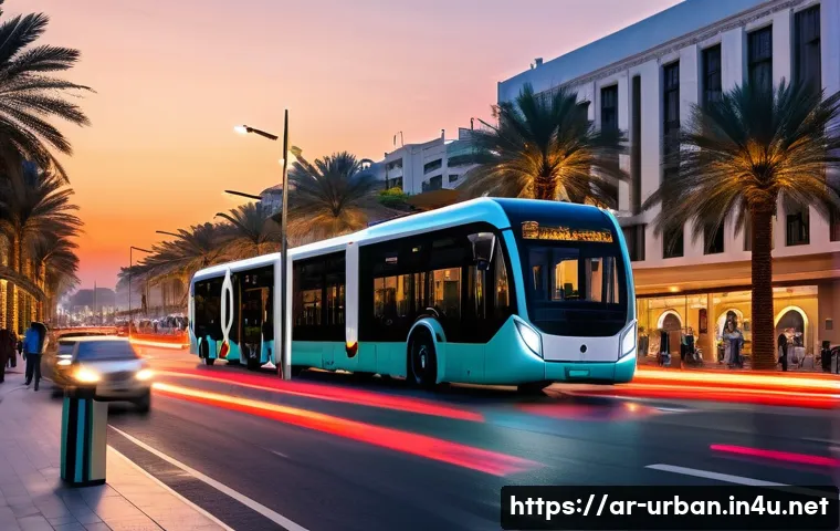 스마트시티 기술 - A vibrant smart city scene at dusk in an Arab metropolitan area featuring electric autonomous buses ...