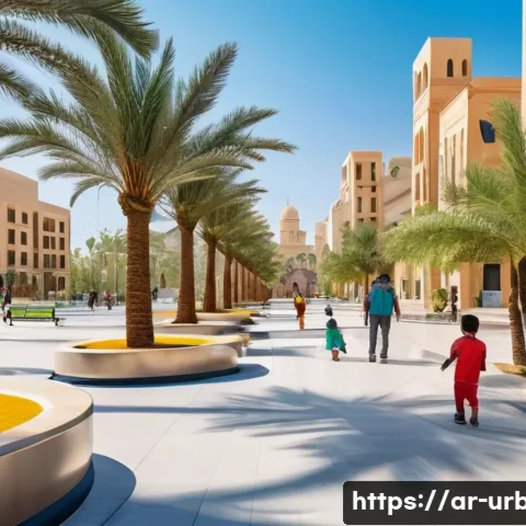 도시설계 이론 - A vibrant urban park in a Middle Eastern city designed with lush green spaces, palm trees, and shade...