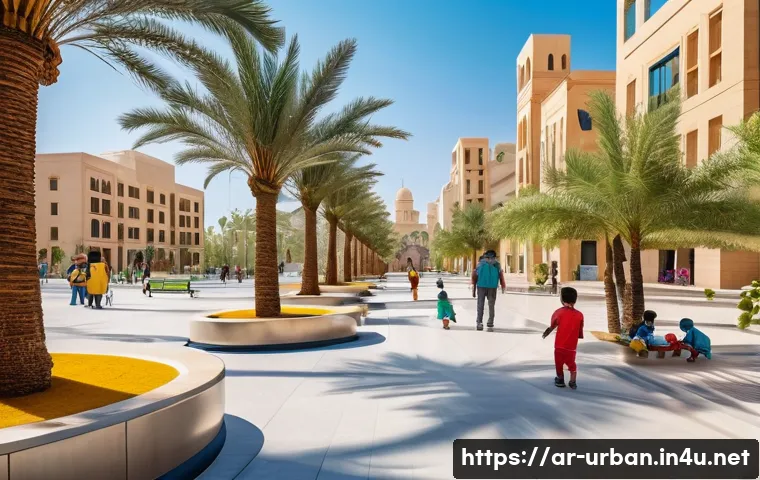 도시설계 이론 - A vibrant urban park in a Middle Eastern city designed with lush green spaces, palm trees, and shade...