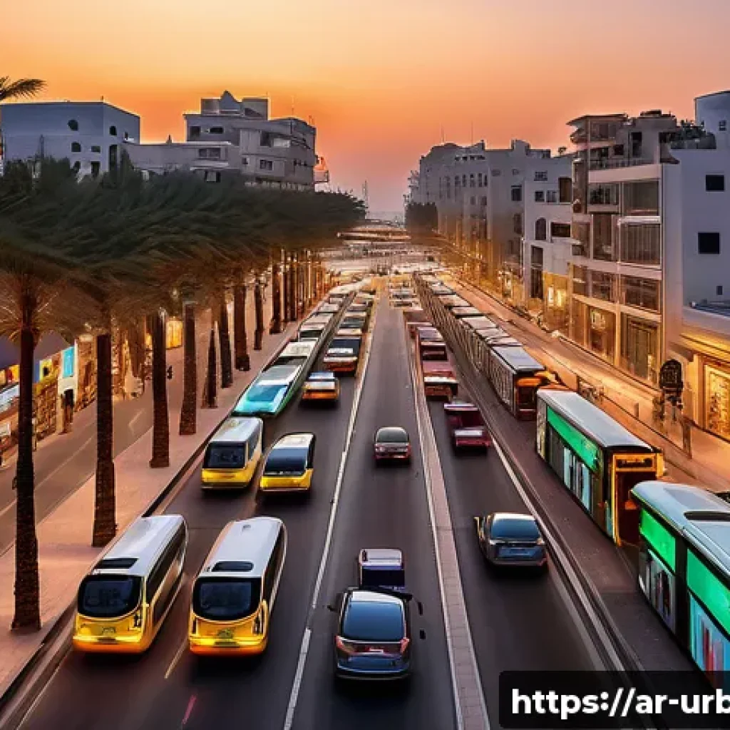지방자치단체 도시정책 - A vibrant Middle Eastern urban street scene at sunset, featuring smart transportation infrastructure...