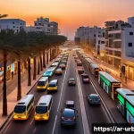 지방자치단체 도시정책 - A vibrant Middle Eastern urban street scene at sunset, featuring smart transportation infrastructure...
