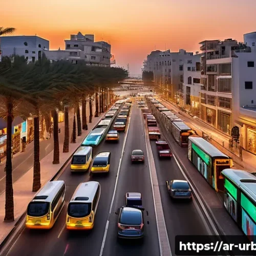 지방자치단체 도시정책 - A vibrant Middle Eastern urban street scene at sunset, featuring smart transportation infrastructure...
