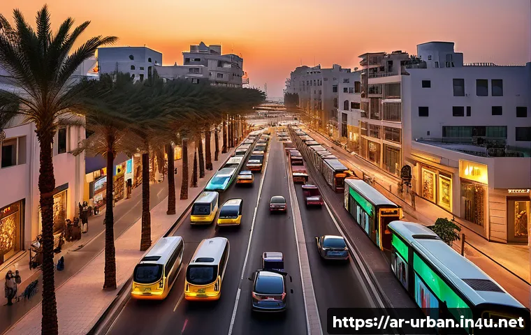 지방자치단체 도시정책 - A vibrant Middle Eastern urban street scene at sunset, featuring smart transportation infrastructure...
