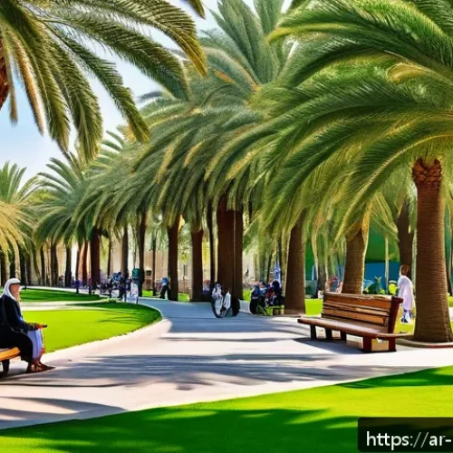 도시계획 관련 법률 - A vibrant urban park scene in a modern Arab city, showcasing lush green public gardens and spacious ...