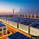 스마트그리드 도시 적용 - A futuristic smart cityscape at dusk in an Arab metropolitan setting, featuring sleek solar panels i...