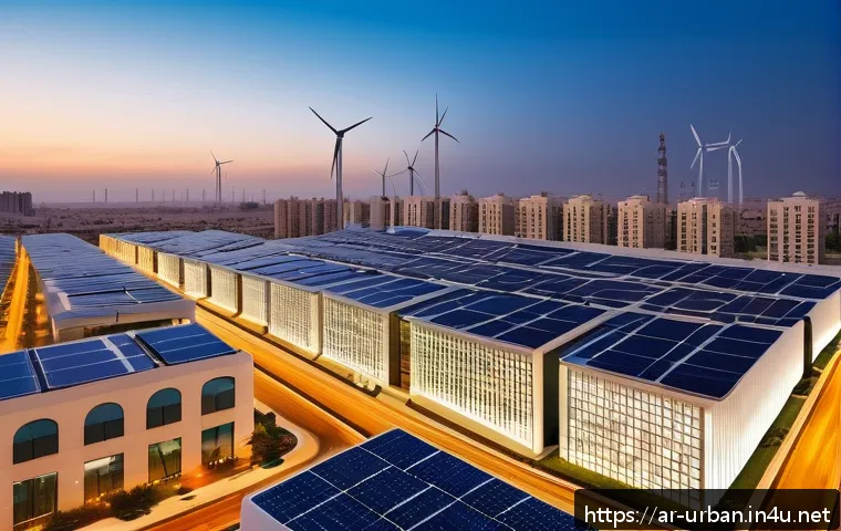 스마트그리드 도시 적용 - A futuristic smart cityscape at dusk in an Arab metropolitan setting, featuring sleek solar panels i...