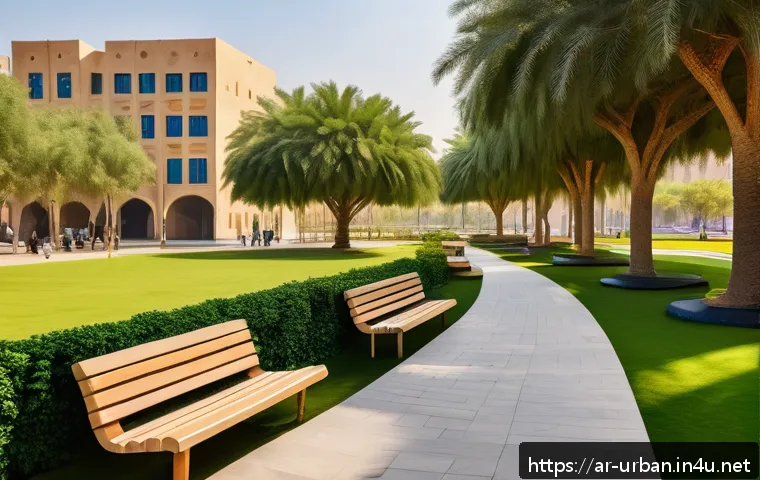 도시공간의 사회적 가치 - A vibrant urban park scene in a Middle Eastern city during late afternoon, featuring diverse groups ...