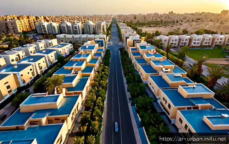 지구단위계획 - Photorealistic aerial view of a thoughtfully planned Middle Eastern urban district, orderly resident...