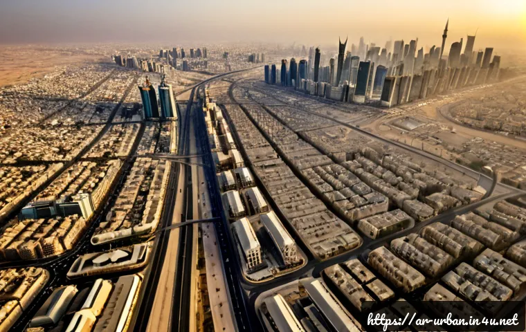 메가시티 개념 및 사례 - Photorealistic aerial panorama of a vast Middle Eastern megacity at golden hour, dense modern skylin...